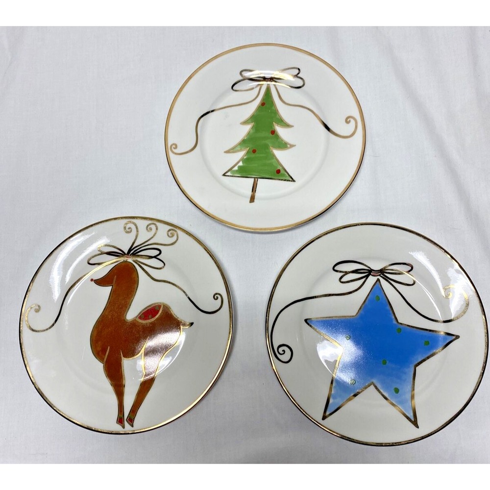 Pier 1 Christmas Reindeer Stars Tree Plates Gold Rimmed 7" Set Of 3